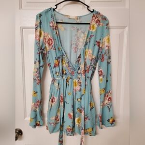 Altar’d State Pandora Romper Bell Sleeves Floral Tied Front Blue New Small